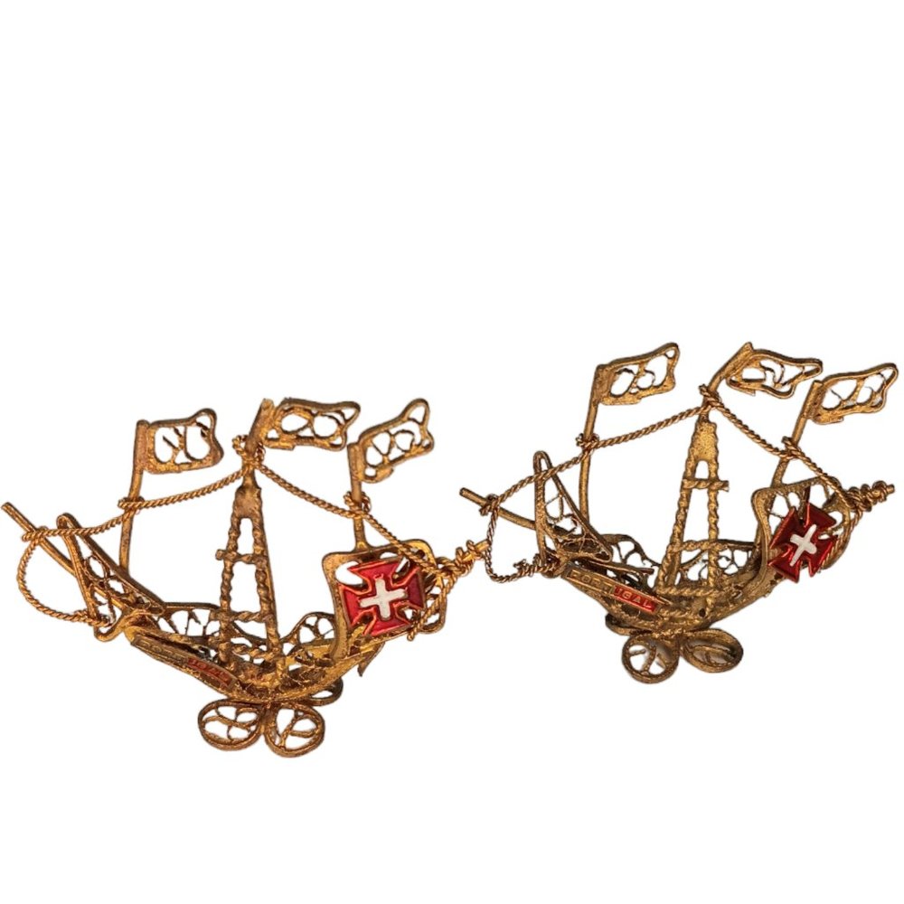 Vintage Filligree Portugal Sailing Ship Miniatures Goldtone Metal Set of Two